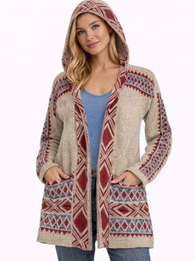Lucky Brand Hooded Fair Isle Cardigan Sweater - Beige, Rust & Blue